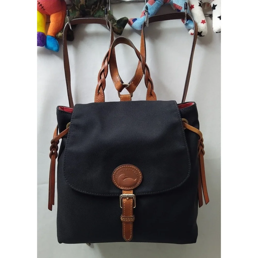 Dooney & Bourke Black Nylon Leather Trim Buckle Flap Closure Backpack